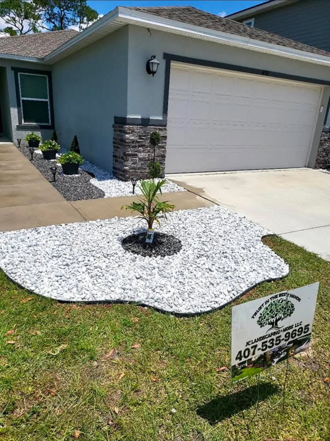 After — premium white rock landscaping with palm centerpiece