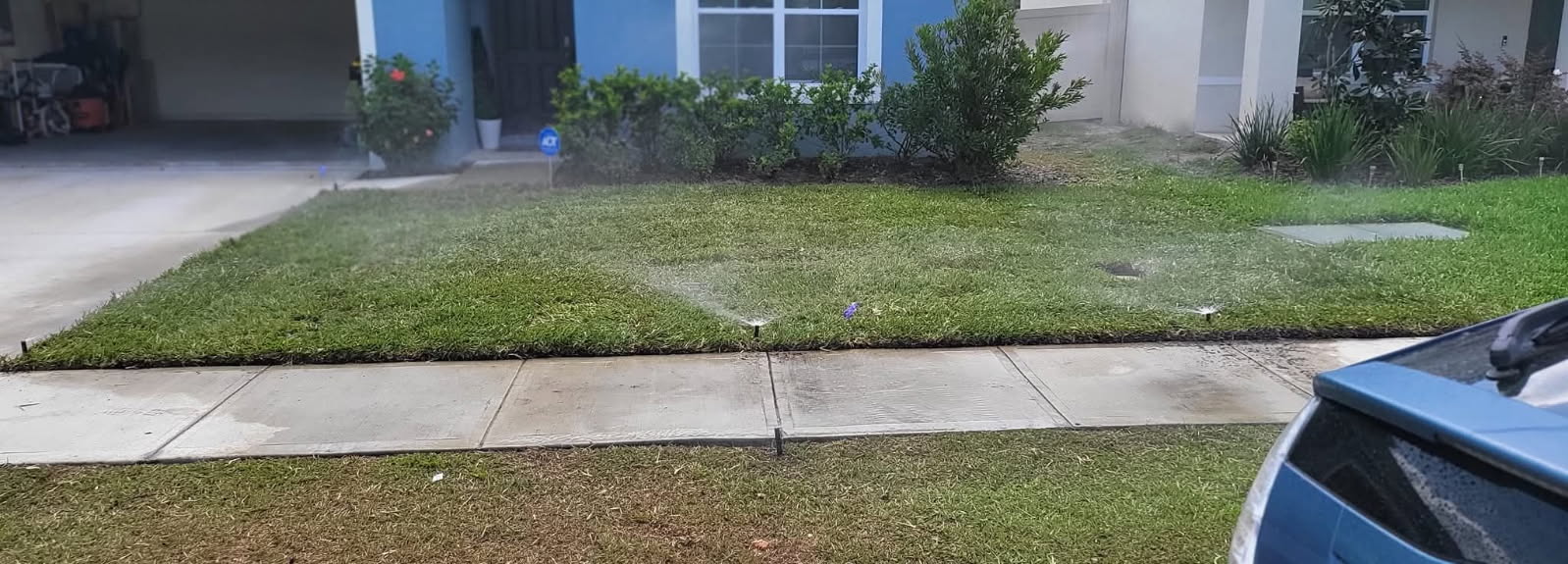 After — lush green sod with sprinklers running